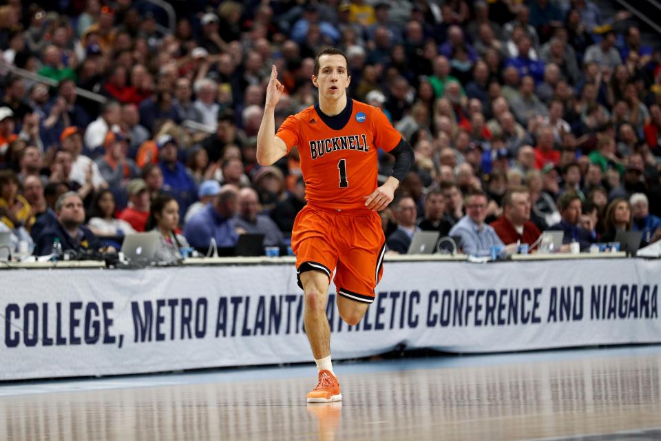 Bucknell’s Kimbal Mackenzie sank a game-winning 3-pointer at the buzzer on Monday night. (Photo by Maddie Meyer/Getty Images)