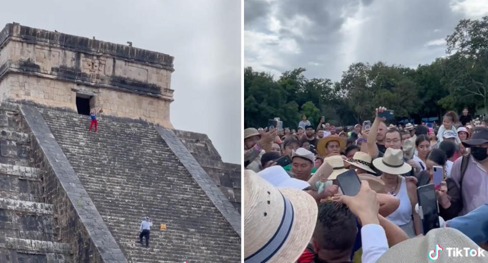 A photo of the tourist climbing down El Castillo in Chichen Itza, Mexico. And another of her being heckled by locals.