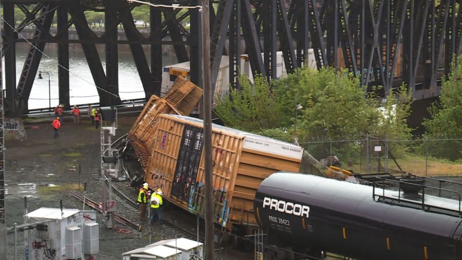 The Steel Bridge closed April 29 after a train derailment on the east end of the bridge (KOIN)