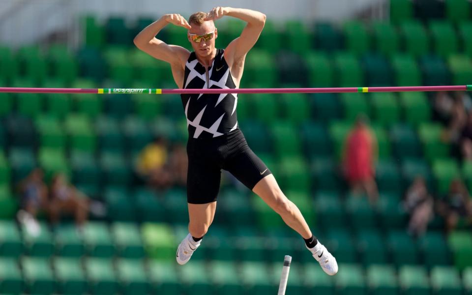 Sam Kendricks competes during the finals of the men's pole vault at the U.S. Olympic Track and Field Trials in Eugene, Oregon on 21 June 2021  - Charlie Riedel/AP