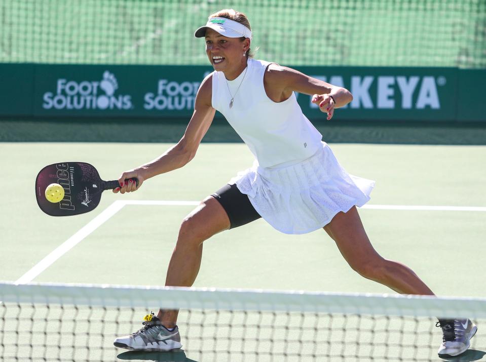 Professional player Simone Jardim returns the ball during the Pro Pickleball Association Masters tournament at the La Quinta Resort and Club, Friday, Nov. 12, 2021, in La Quinta, Calif. 