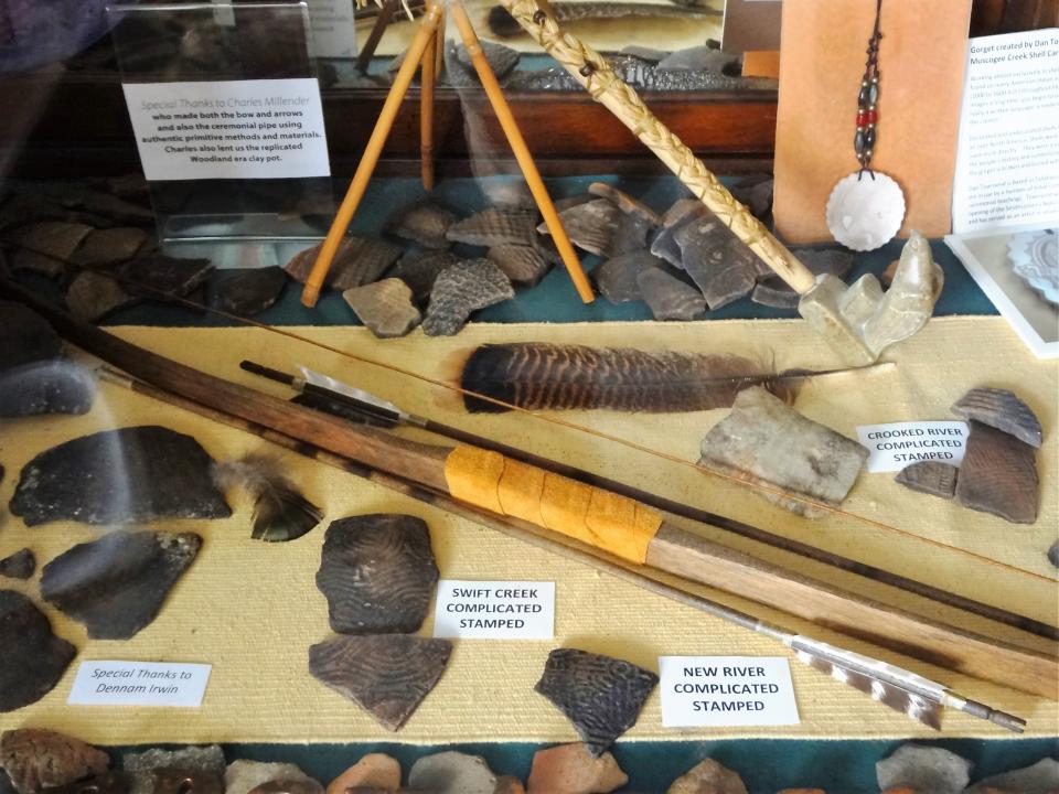 Pre-historic Native American artifacts showing tools and pottery from Carrabelle, part of exhibit opening at Carrabelle History Museum, Oct. 4, 2023.