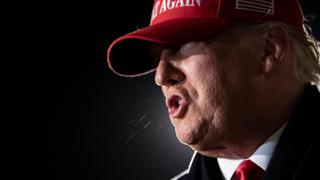 President Donald Trump speaks to the press at General Mitchell International Airport November 2, 2020, in Milwaukee, Wisconsin.