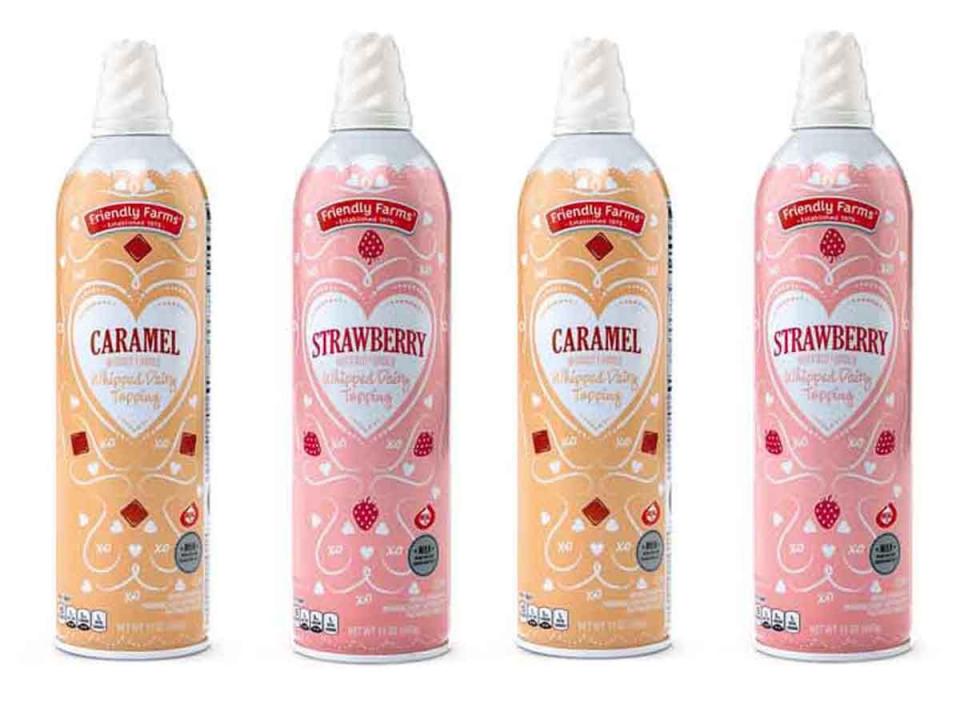 Aldi Orange and pink bottles of caramel and strawberry whipped cream