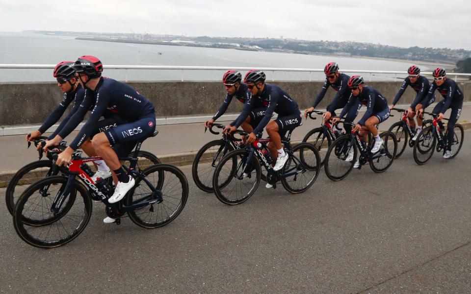 Ineos Grenadiers out training ahead of the Tour de France which gets under way in Brest on Saturday - EPA