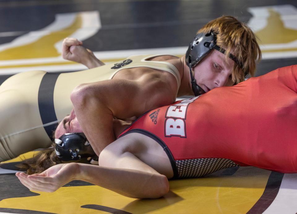 Point Pleasant Boro's Jack Thompson pins Point Pleasant Beach's Jack Schulter at 150 pounds Friday night in Point Boro's 53-2 win over Point Beach.