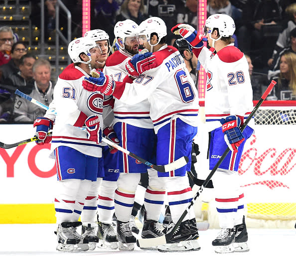 LOS ANGELES, CA - DECEMBER 04: Max Pacioretty #67 of the Montreal Canadiens celebrates his power play goal with Alexander Radulov #47, Andrew Shaw #65, David Desharnais #51 and Jeff Petry #26 to tie the game 2-2 with the Los Angeles Kings during the second period at Staples Center on December 4, 2016 in Los Angeles, California. (Photo by Harry How/Getty Images)