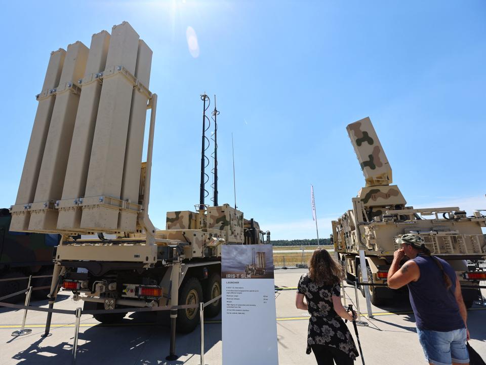 Visitors take a look at the IRIS-T SLM, a German air defence system by Diehl, displayed at the ILA Berlin Air Show 2022 in Berlin, Germany June 22, 2022.