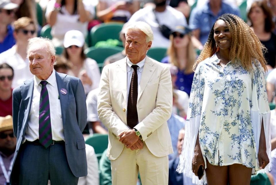 Bjorn Borg, centre, was introduced to the crowd by his great former rival McEnroe (John Walton/PA) (PA Wire)