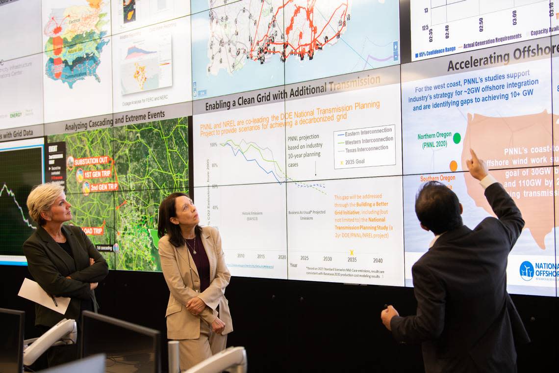 U.S. Energy Secretary Jennifer Granholm, left, made her first visit to Pacific Northwest National Laboratory in Richland on Thursday with Sen. Maria Cantwell, D-Wash. The tour included the lab’s Electricity Infrastructure Operations Center, where PNNL researchers work to improve managing the power grid.