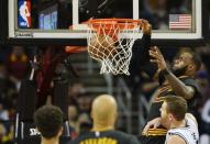 Jan 21, 2017; Cleveland, OH, USA; Cleveland Cavaliers forward LeBron James (23) slam dunks during the second half against the San Antonio Spurs at Quicken Loans Arena. Mandatory Credit: Ken Blaze-USA TODAY Sports