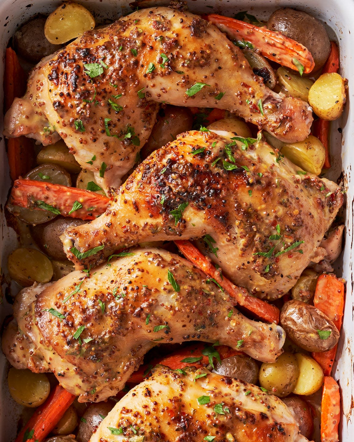 maple mustard glazed chicken with carrots and potatoes