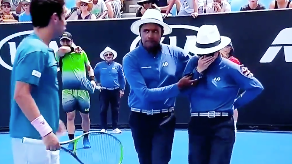 The line judge was in tears as she left the court. Image: Eurosport