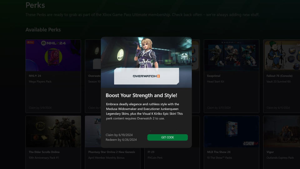 Xbox Game Pass app on PC with Overwatch 2 skins for free.