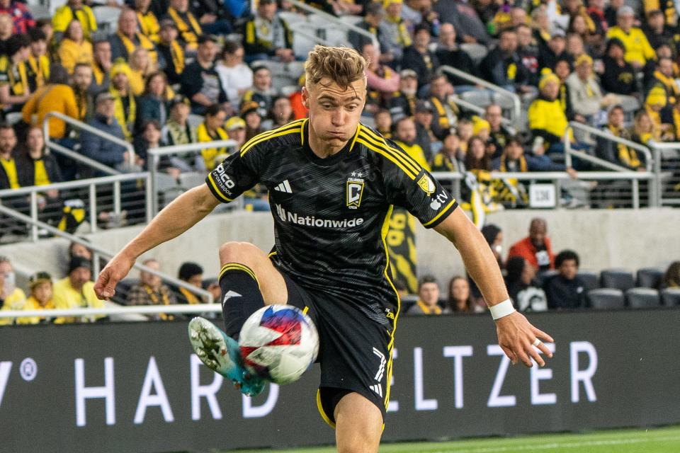 Oct 21, 2023; Columbus, Ohio, USA;
Columbus Crew defender Julian Gressel (7) gains control of the ball and passes to a teammate during their game against the CF Montréal on Saturday, Oct. 21, 2023 at Lower.com Field.