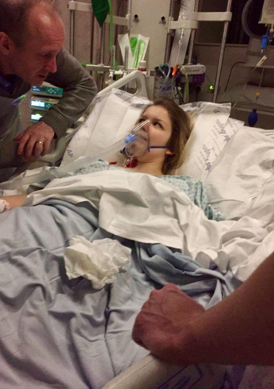 Hannah Needham in hospital. Image via Facebook. 