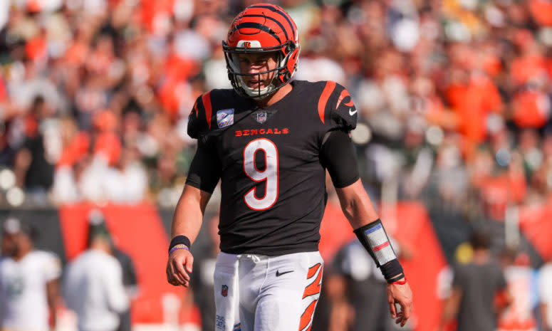 Cincinnati Bengals rookie quarterback Joe Burrow on the field.