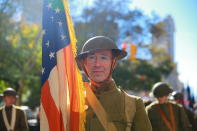 <p>People dressed as soldiers from World War I gather before the parade on Fifth Avenue in New York on Nov. 11, 2017. (Photo: Gordon Donovan/Yahoo News) </p>