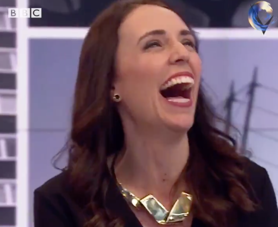 Jacinda laughed off the question but then answered like a pro. Photo: Twitter/BBC