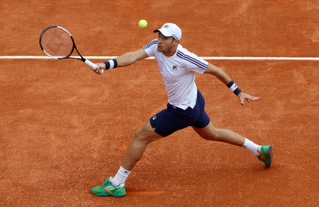 Tennis - ATP 1000 - Monte Carlo Masters - Monte-Carlo Country Club, Roquebrune-Cap-Martin, France - April 21, 2019 Serbia's Dusan Lajovic in action during the final against Italy's Fabio Fognini REUTERS/Jean-Paul Pelissier