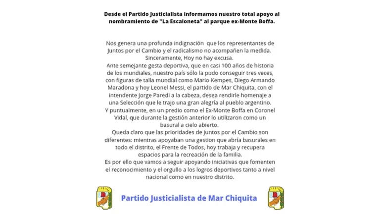 El comunicado del Partido Justicialista de Mar Chiquita sobre el parque municipal "La Scaloneta"