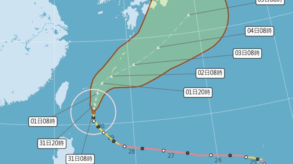 目前瑪娃颱風位置在鵝鑾鼻東方約430公里的海面上。（圖／氣象局）