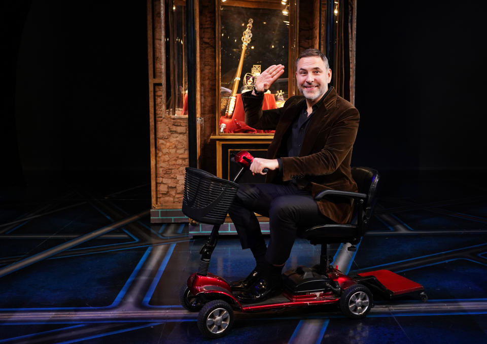 David Walliams attends the theatrical run of his best-selling book, Gangsta Granny, to say hello to the audience and cast, seen with Justin Davies , Ben, and Isabel Ford, Granny. The production runs at The Bloomsbury Theatre from December 9th to January 9th and then it heads out across the UK to continue its tour. Picture date: Friday December 10, 2021. (Photo by Ian West/PA Images via Getty Images)