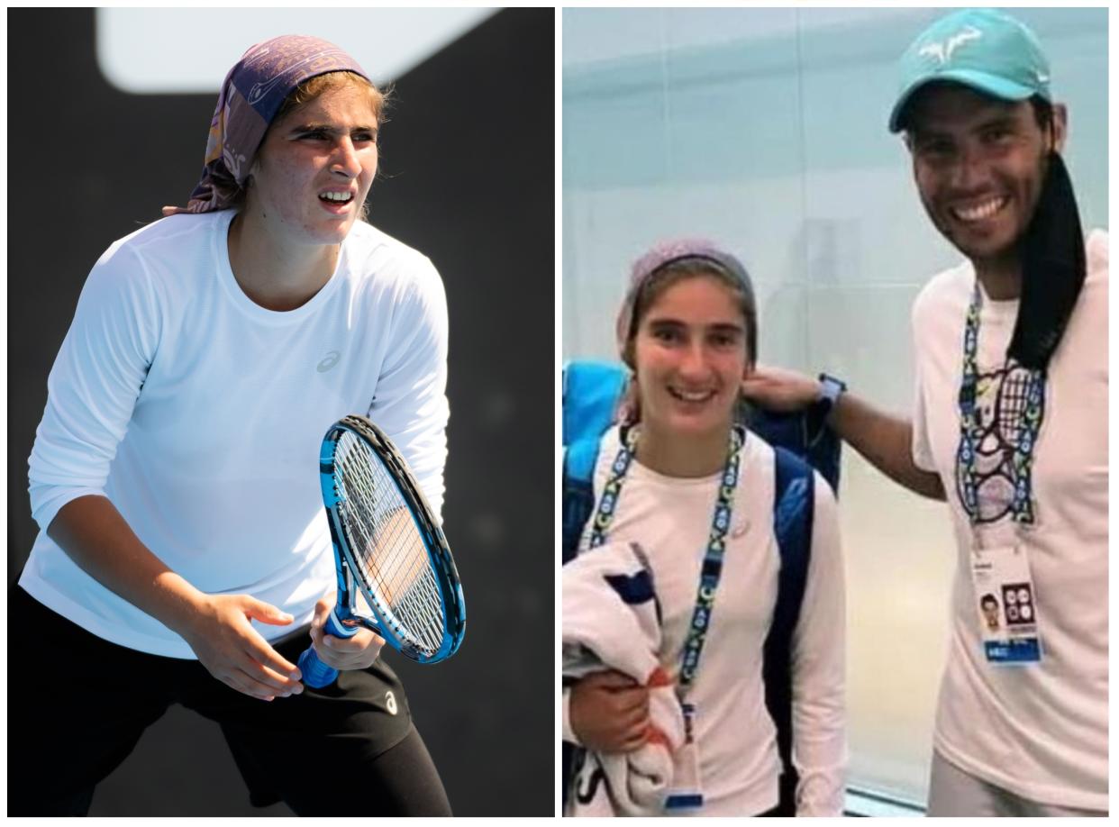 Meshkatolzahra Safi en el Open de Australia y posando con Rafael Nadal. (Foto: Robert Prange / Getty Images / Instagram / @rafanadalacademy).