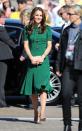 <p>Kate went Italian for another day in Canada. Wearing a bottle green button dress by Dolce & Gabbana, she effortlessly finished off the look with a nude clutch and heels from her favourite retailer, L.K. Bennett. <i>[Photo: PA]</i> </p>