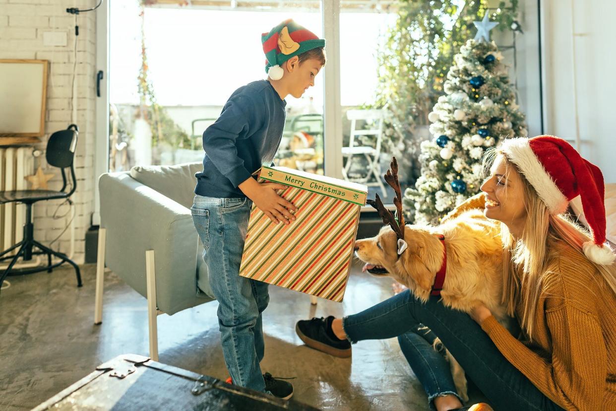 boy giving his dog a Christmas gift