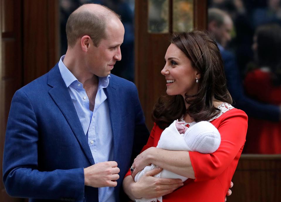 Prince William and Duchess Kate of Cambridge with their newborn baby son, Prince Louis, outside St. Mary's Hospital in London on April 23, 2018.