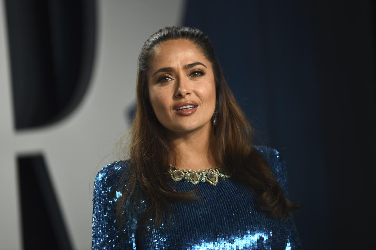 Salma Hayek arrives at the Vanity Fair Oscar Party on Sunday, Feb. 9, 2020, in Beverly Hills, Calif. (Photo by Evan Agostini/Invision/AP)