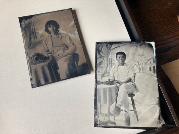 Two tintype portraits of renowned photographer Shin Sugino, taken 45 years apart in the same studio by the same photographers at Sherbrooke Village in Nova Scotia. (Mark Crosby/CBC - image credit)