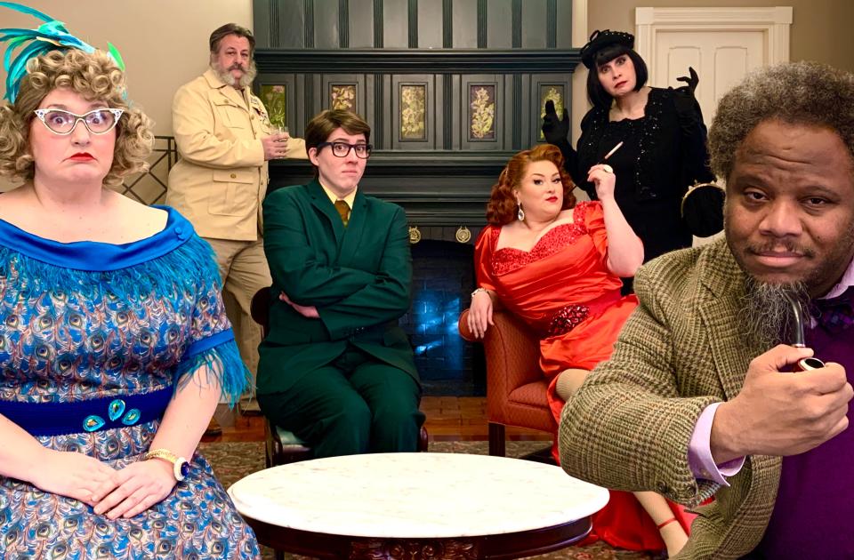 The colorful cast of "Clue," based on the 1985 movie, gathered in the drawing room at Boddy Manor for the Falmouth Theatre Guild's production.