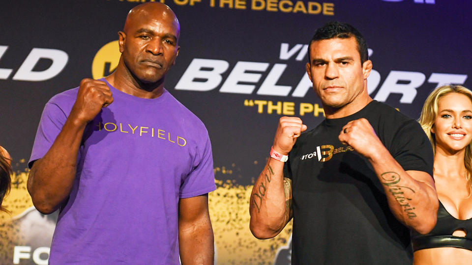Evander Holyfield and Vitor Belfort, pictured here at a press conference ahead of their heavyweight fight.