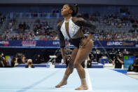 Simone Biles competes in the floor exercise during the U.S. Gymnastics Championships, Sunday, June 6, 2021, in Fort Worth, Texas. (AP Photo/Tony Gutierrez)