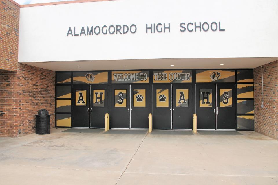File photo of Alamogordo High School front entrance. Anyone who wants to enter has to ring a bell and someone opens the door, then they have to sign in and be issued a photo identification prior to being allowed to enter the building with an escort taking the person to their destination.
