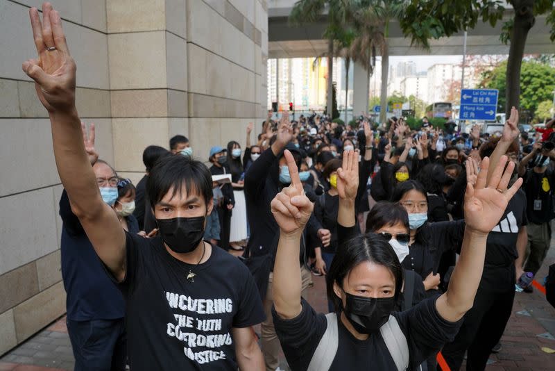 Protesters outside West Kowloon Magistrates' Courts in Hong Kong