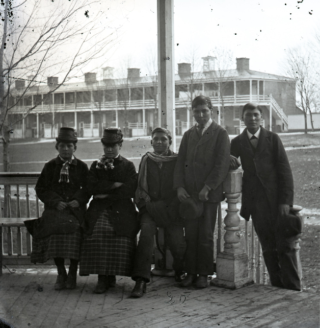 From left, Nancy Renville, Justine La Framboise, John Renville, Edward Upright and George Walker pose on the bandstand on the Carlisle school grounds in the late 1800s. Amos La Framboise is not pictured. The six children were members of the Spirit Lake and Lake Traverse bands of the Sisseton Wahpeton Oyate.