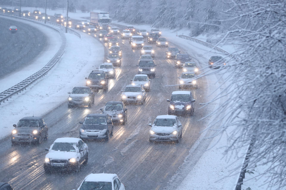 Traffic in snowy conditions on the N7 in Dublin. Snow and sleet has caused travel disruption in Ireland as Storm Freya causes travel disruption amid a number of weather warnings.