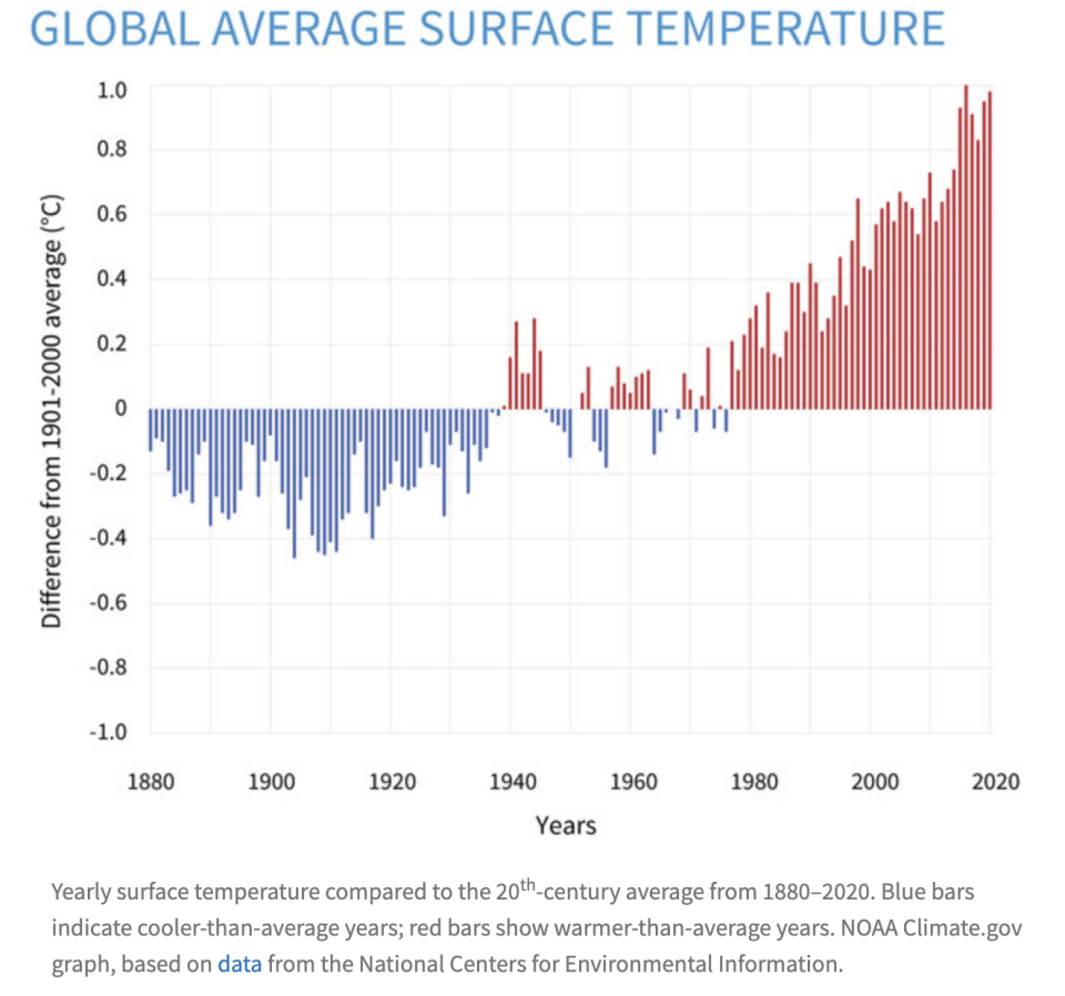 The rise in global surface temperatures by year. (NOAA)