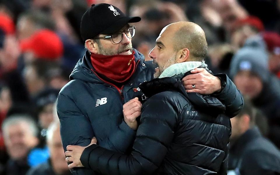 Jürgen Klopp (left) and Pep Guardiola - History shows rivals must go 11 points clear of Man City to win Premier League title