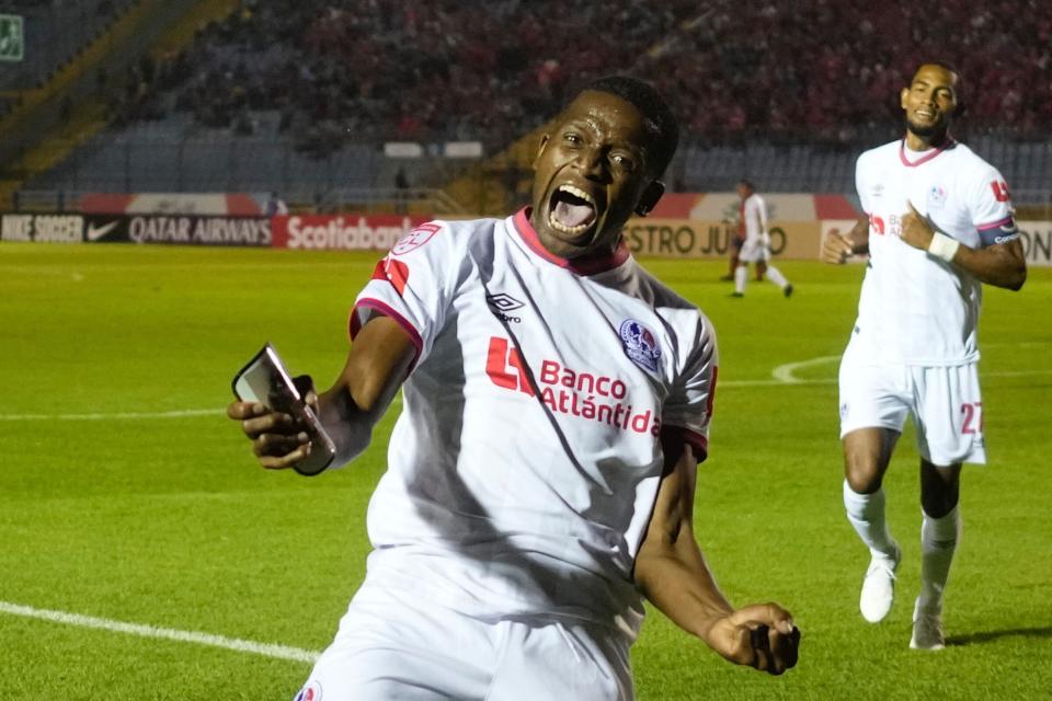 Boniek Garcia of Honduras' Olimpia celebrates scoring his side' second goal against Guatemala's Municipal during a CONCACAF League soccer match in Guatemala City, Thursday, Aug. 18, 2022. (AP Photo/Moises Castillo)