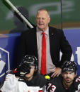 Canada's head coach Gerard Gallant reacts during the Ice Hockey World Championship group B match between Germany and Canada at the Arena in Riga, Latvia, Monday, May 24, 2021. (AP Photo/Sergei Grits)