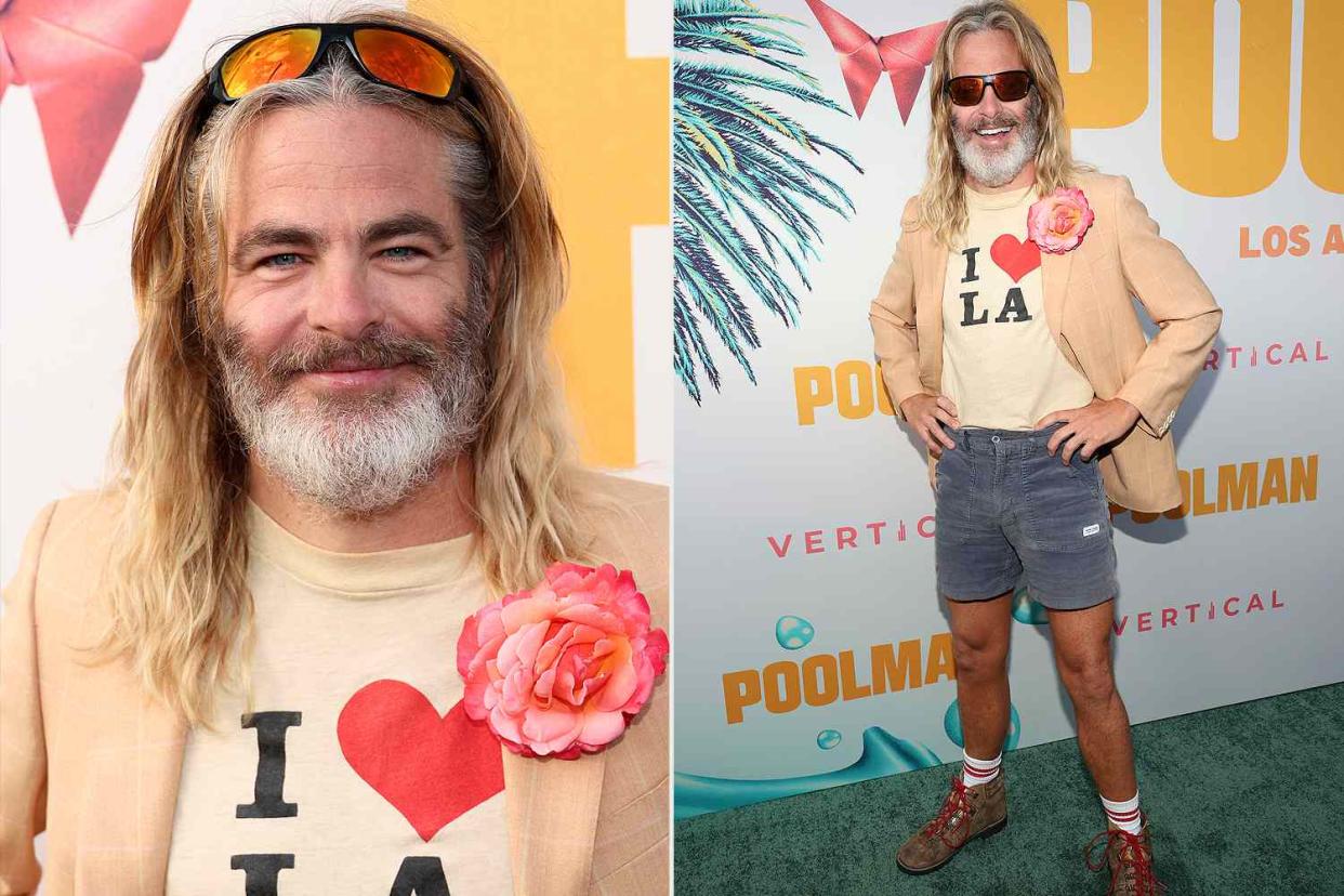 <p>Monica Schipper/Getty</p> Chris Pine transforms into his "Poolman" character at the film