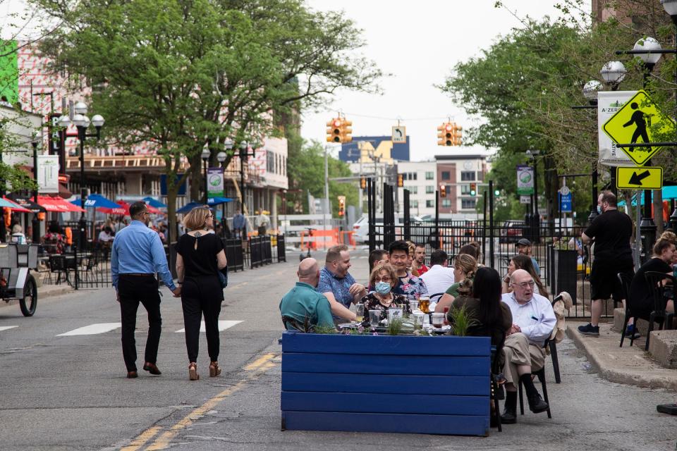 South Main Street's outdoor dining scene in downtown Ann Arbor in May.