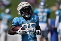 Carolina Panthers' Xavier Woods practices during the NFL football team's training camp at Wofford College on Tuesday, Aug. 2, 2022, in Spartanburg, S.C. (AP Photo/Chris Carlson)