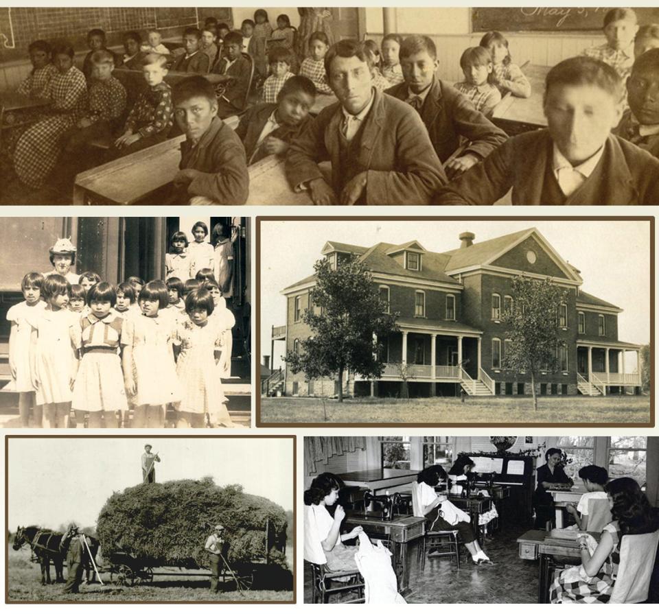 Top: Pawnee Boarding School, May 5, 1891, Middle right: Dormitory at the Otoe Indian Boarding School, 1918. Bottom right: Sewing class, Eufaula Creek Boarding School, Eufaula, OK. Lower left: Caption: "Indian Boys futzing up hay at Riverside Boarding school Anadarko, Okla." (The Oklahoman). Middle Left: Eufaula Creek Boarding School students getting on a train car.
