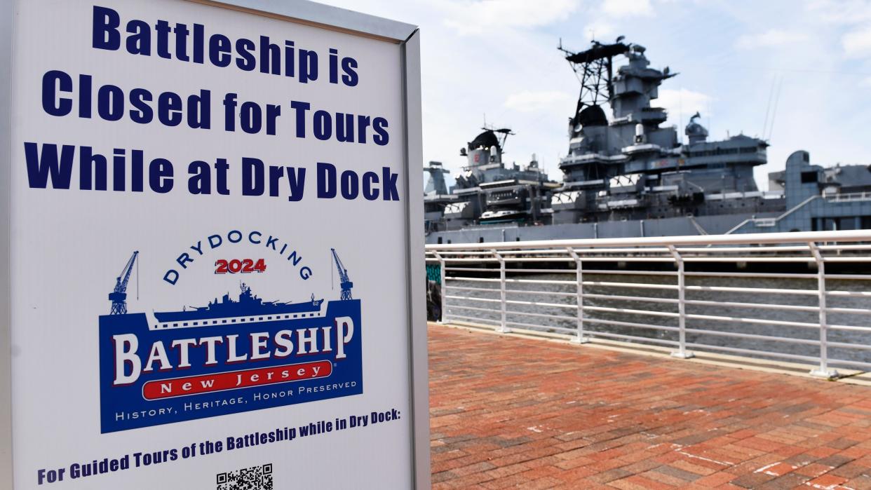 The Battleship New Jersey will leave the Camden Waterfront on March 21 and head to the Paulsboro Marine Terminal for an approximately six-day stay before crossing the Delaware River to Philadelphia on March 27 for a dry dock maintenance project.