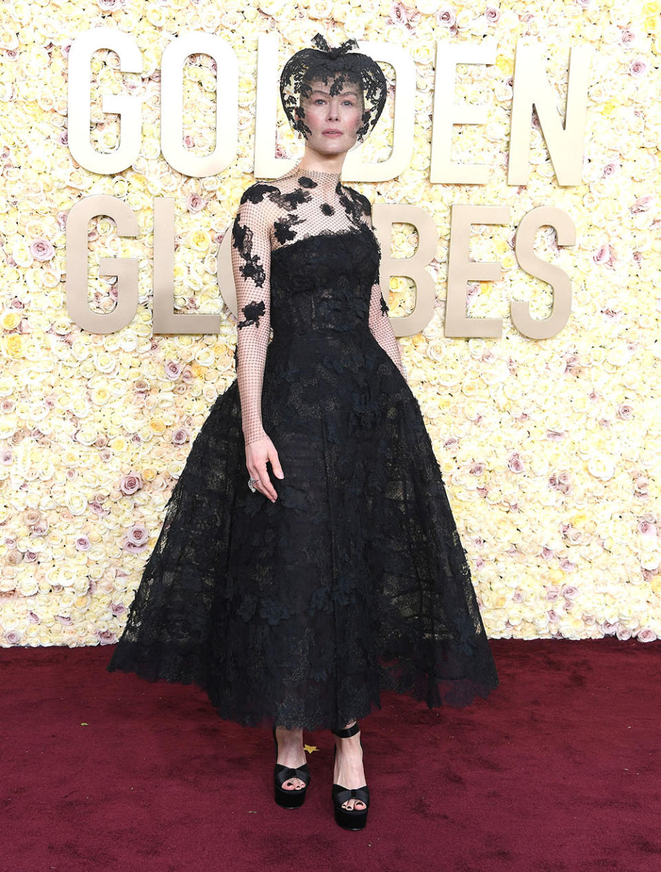 Rosamund Pike arrives at the 81st Annual Golden Globe Awards at The Beverly Hilton on January 07, 2024 in Beverly Hills, California.